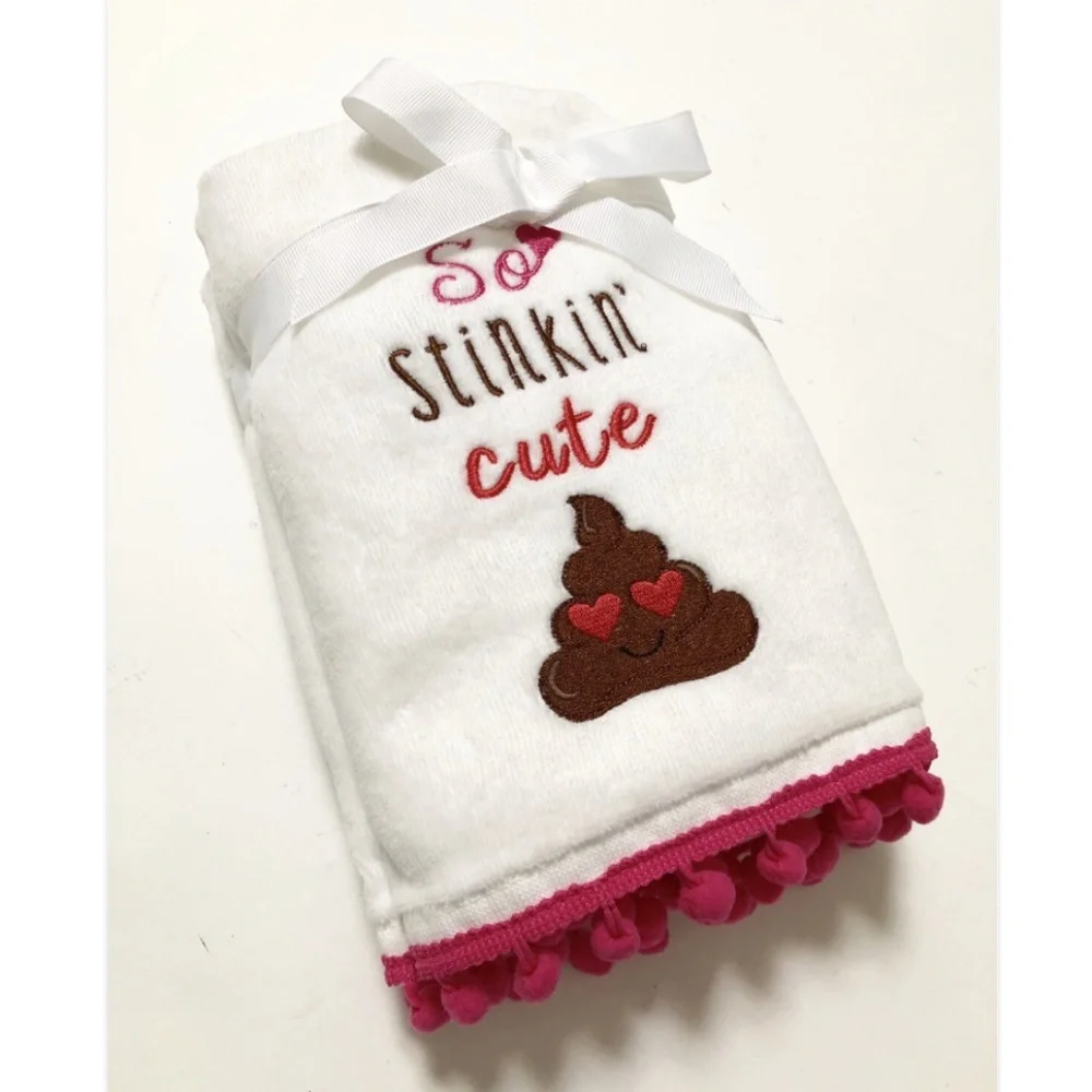Lover’s Lane Poop Emoji 2pc Hand Towel Set White Pink Embroidered NWT